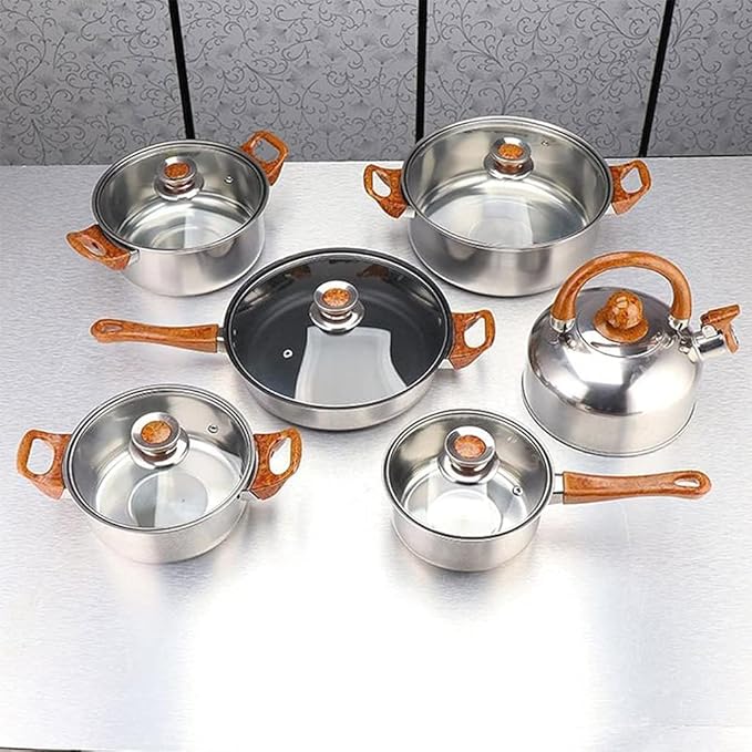 Cookware Set 12 Piece Kitchen Stainless Steel Cooking Pot &amp Pan Sets Induction Safe Saucepan Casserole Pan Glass Lid Pans