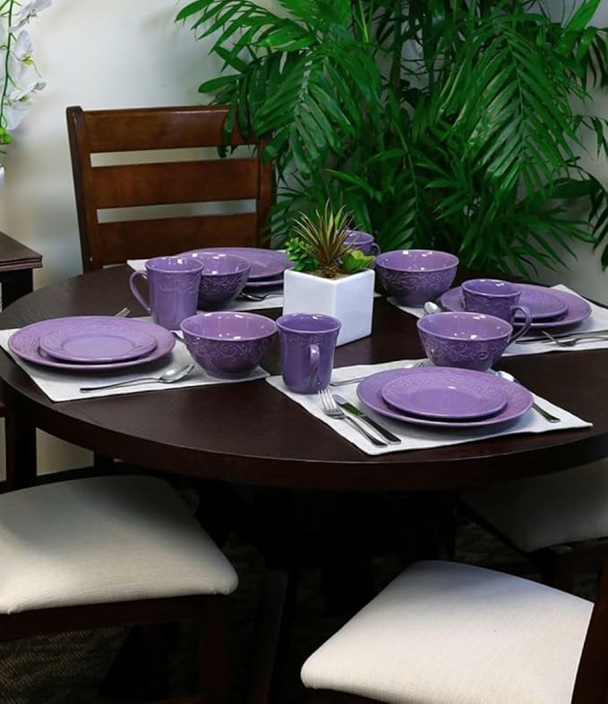 16-Piece Stoneware Dinnerware Set – Lilac Fields Embossed Design Service for 4 Microwave &amp Dishwasher Safe