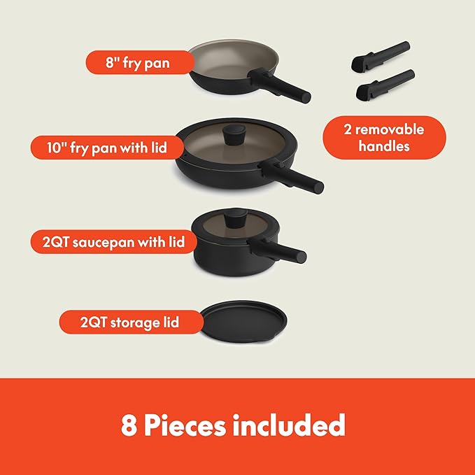 bella 8 Piece Removable Handle Cookware Set Fits-anywhere™ Kitchenware w EverGood™ Ceramic Nonstick Coating Dishwasher &amp Oven Safe All Stovetops Compatible Glass Lids with Silicone Rims Blac