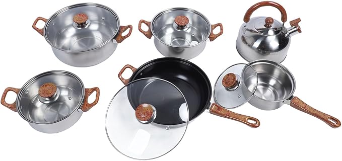 Stainless Steel Cookware Set Multifunctional Wooden Grain Design Includes Pots Pans and Kettle - Durable Construction Easy to Clean Ideal for Home Cooking