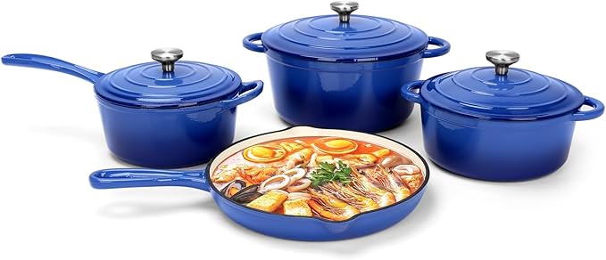 Enameled Cast Iron Cookware Set 7-Pcs Pots and Pans with Lid Skillet Frying Pan Saucepan &amp Dutch Oven for All Stovetops PFA Free - Ideal for Sourdough Bread Baking Cobalt Blue