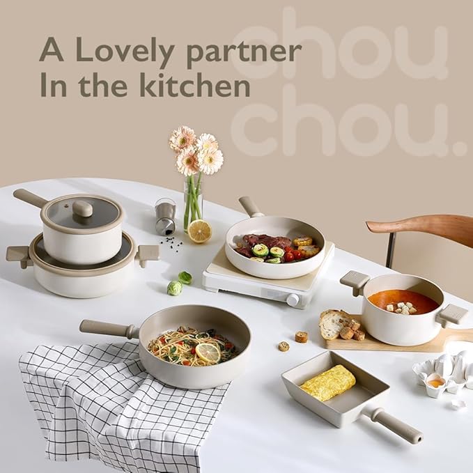 Chou Chou Kitchen Essential 6-Pieces Cookware Set with Lid Healthy Cooking Ceramic Coating 7 Saucepan 8 Casserole 9.5 Low Pot Induction Compatible Kitchenware Made in Korea
