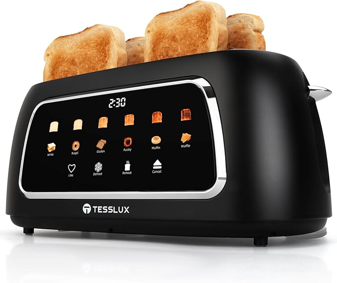 4 Slice Toaster with Touch Screen Control 1.5 Wide Long Slots 6 Browning Levels &amp 6 Bread Types Digital Timer Memory Defrost Reheat (BLACK)