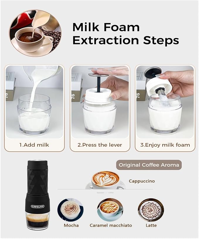 3 In1 Portable Coffee Machine Hot/Cold Water Manual Espresso Maker For Capsule &amp Ground Hand Press Brewer Hiking Travel(Black)
