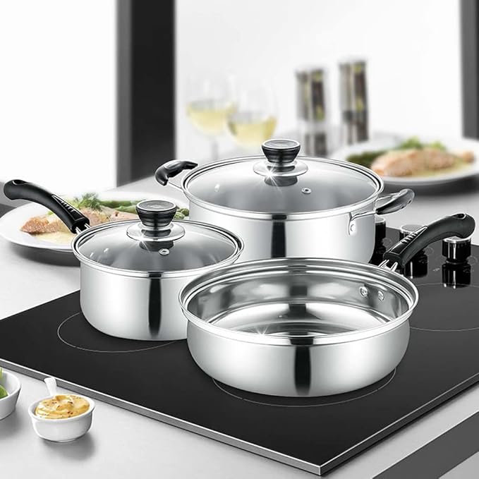 3Pcs Stainless Steel Cookware Set Soup Pot Milk Pan with Glass Lid Frying Pan Kitchen Cooking Tool Variety Pack