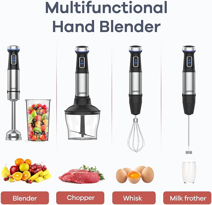 Ganiza Immersion Blender 5 in 1 Hand Blender Max 1000W Heavy Duty Motor 16 Speed Mode Handheld Blender Stainless Steel Blade With 800ml Mixing Beaker 600ml Chopper Whisk and Milk Frother