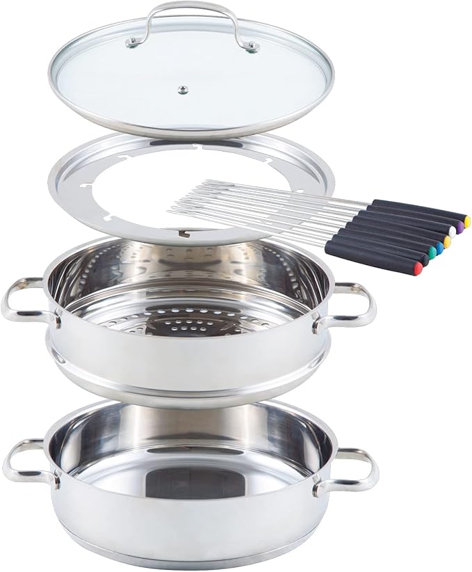 Nuwave 18/8 Stainless Steel Ultimate Cookware Set Free of PTFE PFOA PFOS Fondue Pot Set Works On ALL Cooktops and Induction Cookers Steamer Basket Glass Lid &amp 8 Fondue Forks Included (Renew