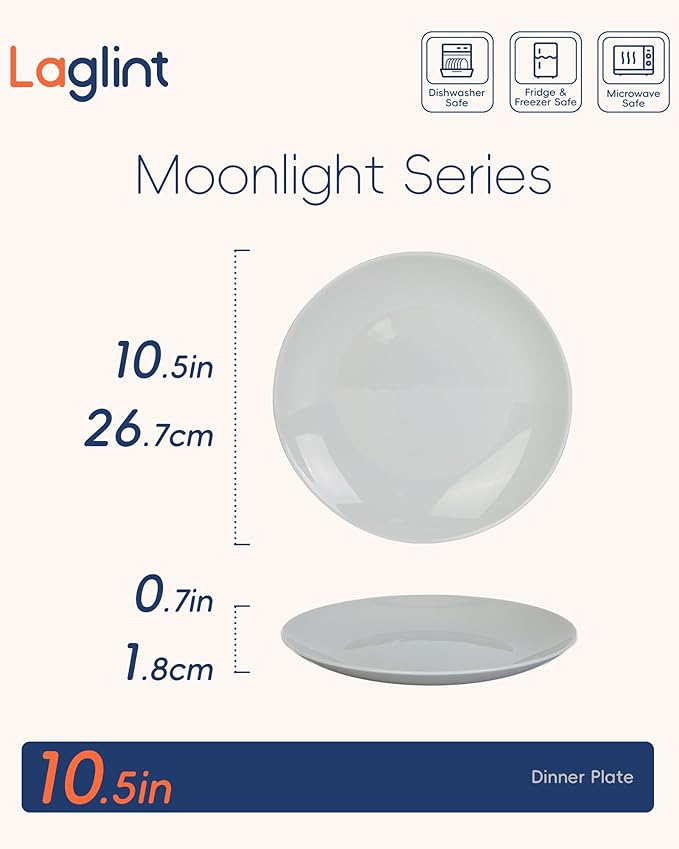 10.5 inch LaGlint Dinner Plate Set of 6 Lightweight Round Opal Glass Grey Dinnerware Plates Dishwasher and Microwave Safe