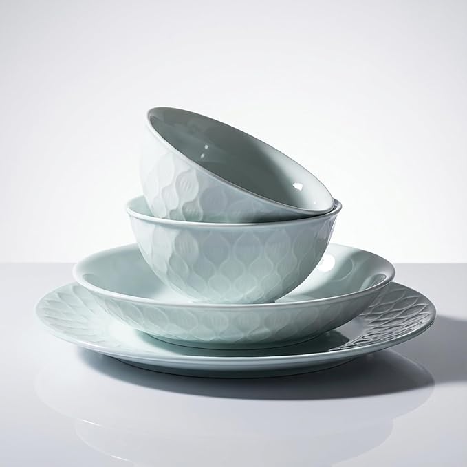 Celadon Green Stoneware Dinnerware Set 12-Piece Embossed Leaf Pattern Bowls &amp Plates Set - 10” &amp 8” Plates 5” Rice Bowls - Zen-Inspired Dishwasher &amp Microwave Safe