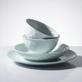 Celadon Green Stoneware Dinnerware Set 12-Piece Embossed Leaf Pattern Bowls &amp Plates Set - 10” &amp 8” Plates 5” Rice Bowls - Zen-Inspired Dishwasher &amp Microwave Safe