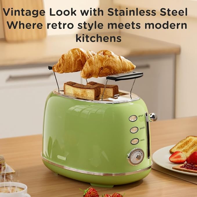 Toaster Retro 2 Slice Vintage Green Toaster with Lid with Bread Attachment Preheat Defrost And Cancel Functions 6 Browning Levels (Green)