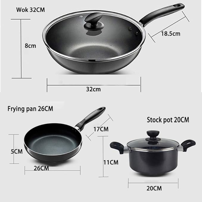 3 Pc Cookware Set Non Stick Coating Induction Pan Setswith Tempered Glass Cover Non-Scald HandleSuitable for Many Kinds of Gas Including Induction Cooker. E
