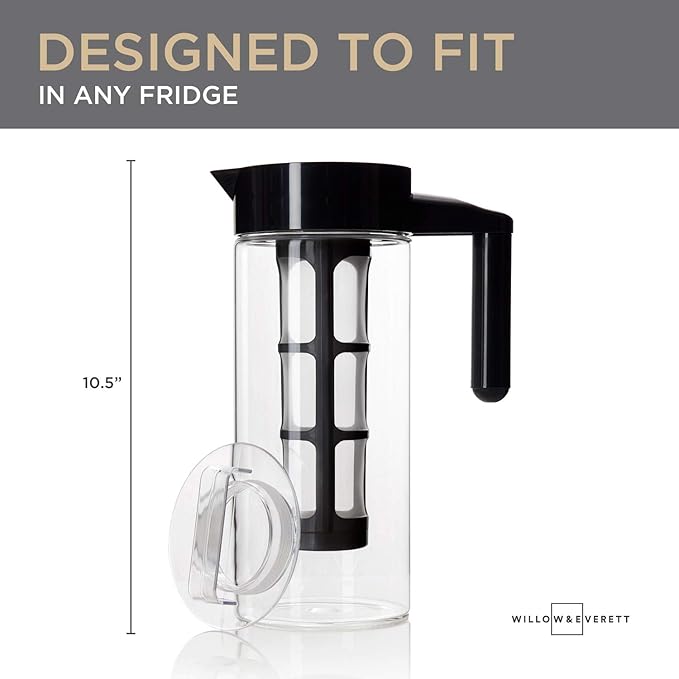 Willow &amp Everett Cold Brew Coffee &amp Iced-Tea Maker Pitcher 1.3 L Glass Dispenser Metal &amp Plastic Lid Mesh Filter Iced Coffee &amp Sun Tea Brewing System