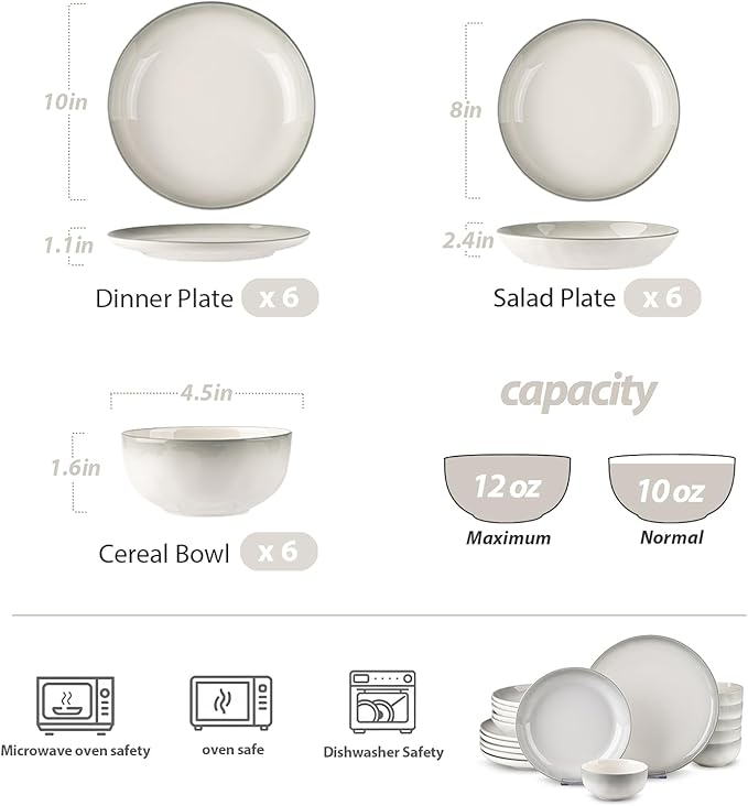 18 Pieces Gourmet Porcelain Dinnerware Sets Premium Plates and Bowls Set High-Fired Ceramic Dishes Set for 6 Chip &amp Scratch Resistant Microwave Dishwasher Safe gradient gray Series.