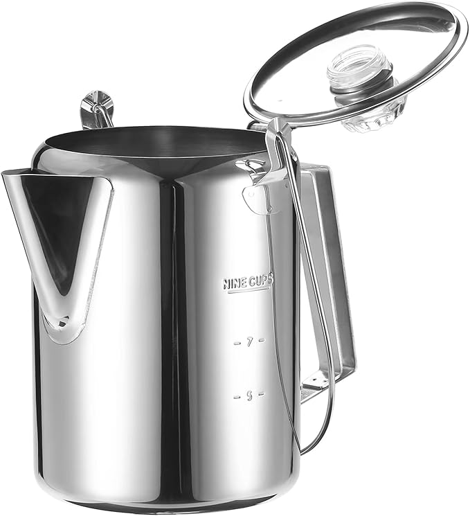 9 Cup Stainless Steel Percolator Large Capacity Coffee Pots Hinged Lid Coffee Maker for Camping and Home Kitchens Use