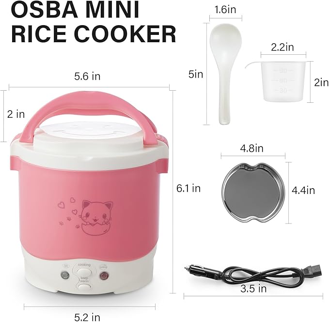 OSBA Small Rice Cooker12v Portable Travel Rice Cooker For Car Cooking Heating and Keeping Warm Function Can be Used As a Electric Lunch Box (Pink)