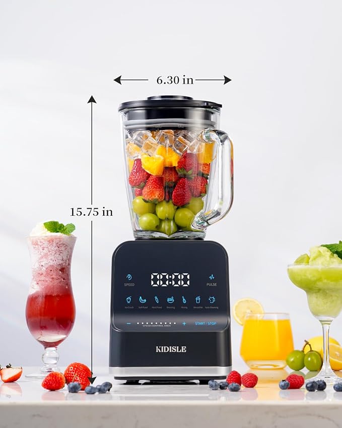 1200W Professional Smoothie Blender for Shakes 52oz Glass Jar Ice Crush Puree 9-Speed Touchscreen with Pulse &amp 7 Functions Black