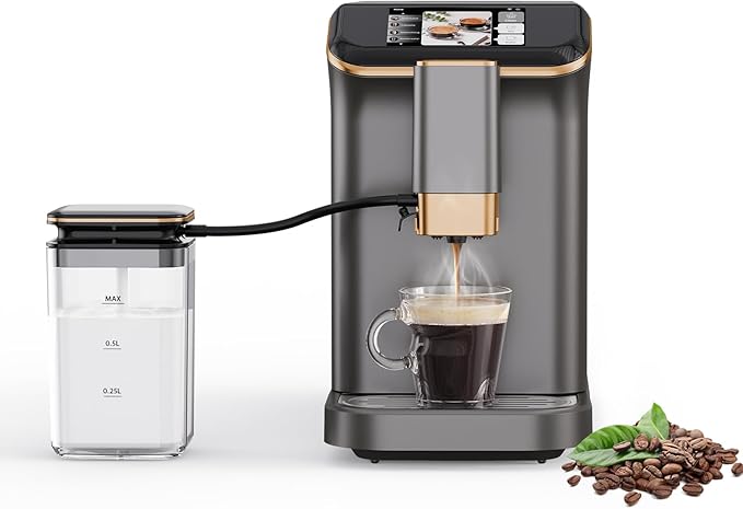 Espresso Maker With Milk Frother - Fully Automatic 4-Beverage Options Built-In Grinder Intuitive Touch Display and Sleek Gunmetal Finish