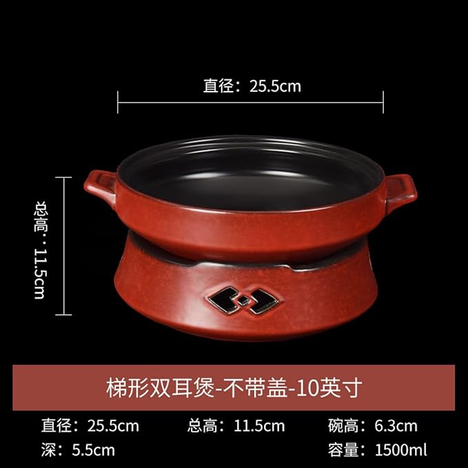 Thcbme 酒店陶瓷保温带双耳明炉碗加深大号 Ceramic Dish Set 加热圆汤锅创意明档碗/kitchen plates kitchen utensils set kit chenaid kitchen pots dinner plates dinnerware sets/10英寸梯形双耳煲（红黑不带盖）