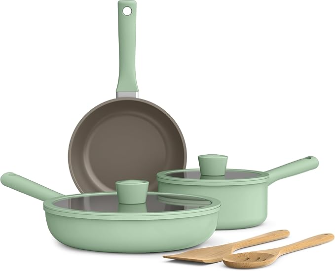 bella 7 Piece Cookware Set with EverGood™ Ceramic Nonstick Coating Dishwasher Safe Oven Safe All Stovetops Compatible Glass Lids with Silicone Rims Cool Touch Handles Seaglass