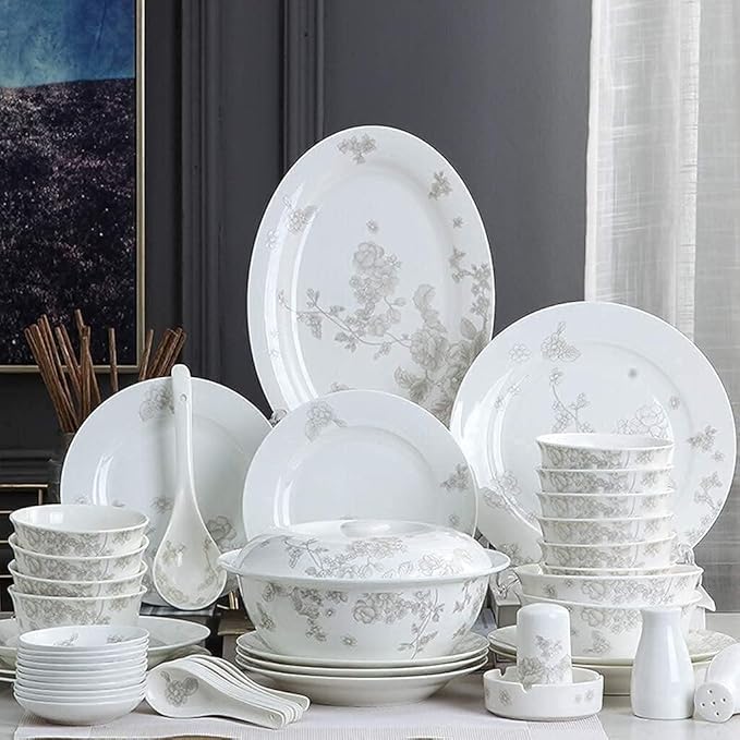 Dinnerware Sets Dish Set Ceramics dinnerware Set with 46/50-Piece Bowl/Stockpot/Dish/Spoon|Bone China Dinner Sets Plant Flower Porcelain Combination Set (50pieces)