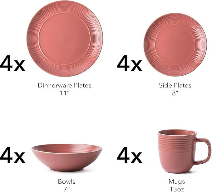 FAIT Round Stoneware 16pc Double Bowl Dinnerware Set for 4 Dinner Plates Side Plates Cereal Bowls Pasta Bowls - Reactive Glaze Blue (449322)