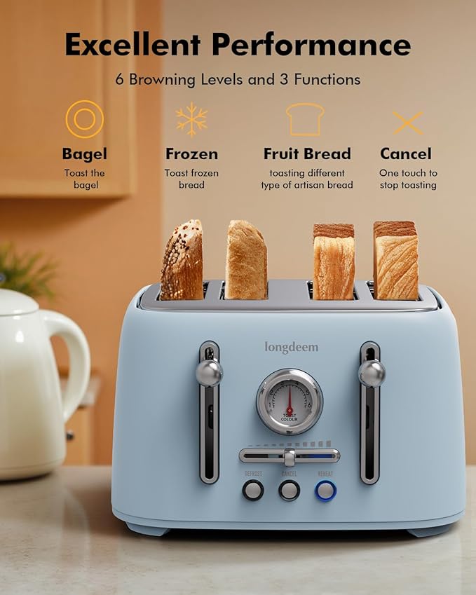 LONGDEEM 4-Slice Retro Toaster 1.6 Extra-Wide Slots 6 Browning Levels Bagel/Defrost/Cancel Stainless Steel Compact Blue