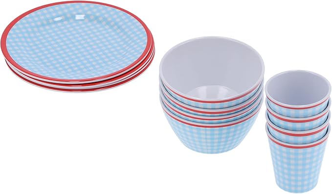 12Pcs Set Dinnerware Set Household Dinnerware Light Blue Grid Cup Bowl PlateHome Supplies for Home Kitchen Restaurant