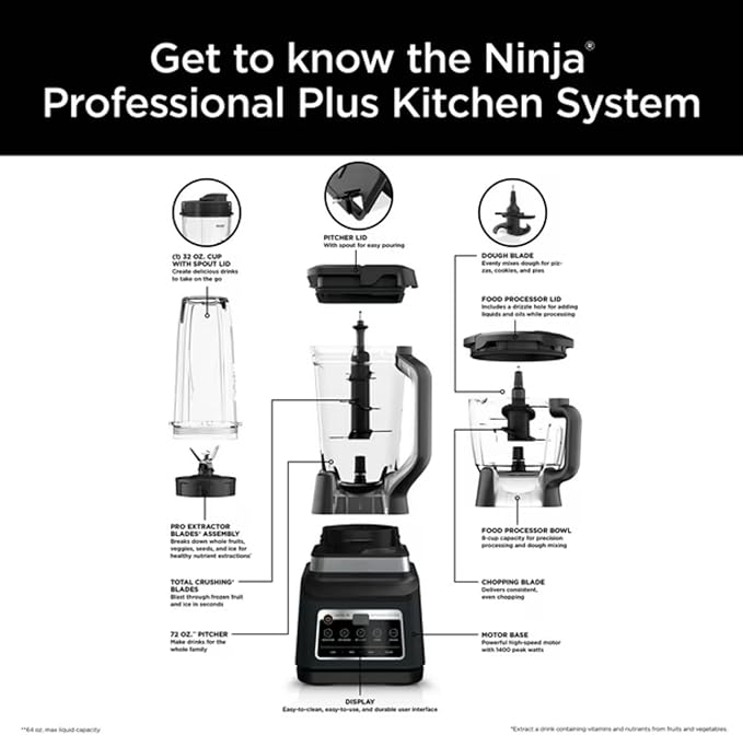 Professional Kitchen System 1400W Blender 8-Cup Food Processor Auto-iQ 72oz Pitcher 2 Single-Serve Cups