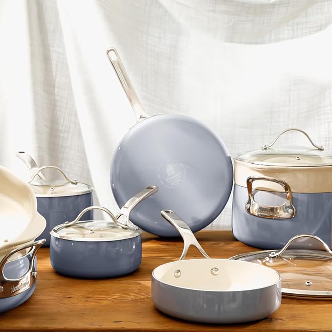 Bloomhouse 12 Piece Aluminum Pots and Pans Cookware Set w/Non-toxic Ceramic Non-stick Ceramic Steamer Insert &amp 12 Protective Care Bags - Periwinkle Blue
