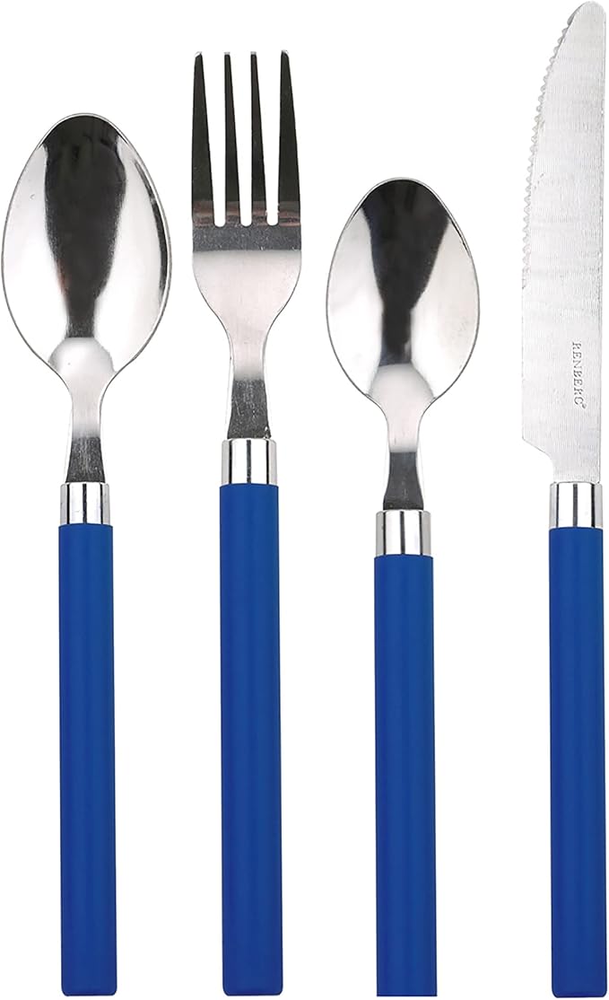 Pack of 3 Pans Diameter 20/24 and 28 cm + 24 Pieces Stainless Steel Cutlery Set with Blue Handles