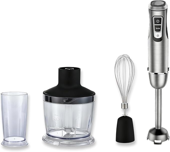 Megawise HB-2080 1000W 5-in-1 Immersion Hand Blender Powerful Stick Blender with Variable Speed &amp Turbo Stainless Steel Shaft &amp Blades Includes Whisk Frother Chopper Bowl &amp Beaker