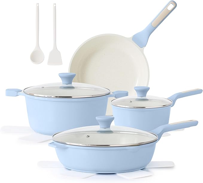 SENSARTE Nonstick Ceramic Cookware Set Large 13-Piece Healthy Pots and Pans Set Dishwasher Safe Non-toxic Kitchen Cooking Set with Stay-Cool Handles Induction Compatible PFAS Free Blue