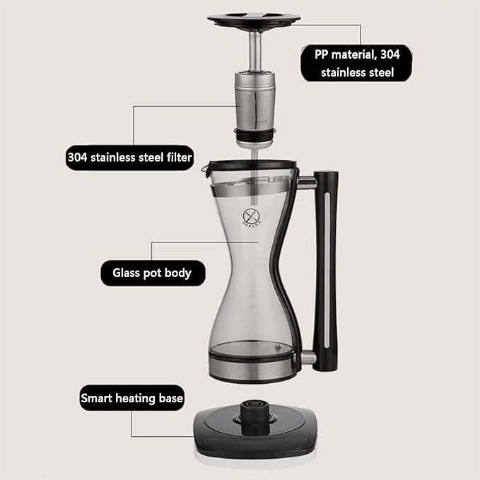 Syphon Coffee Maker Electric Siphon Glass Coffee Pot with Separate Base Stainless Steel Filter Touch Panel Capacity 240 Ml Make 1-3 Cups