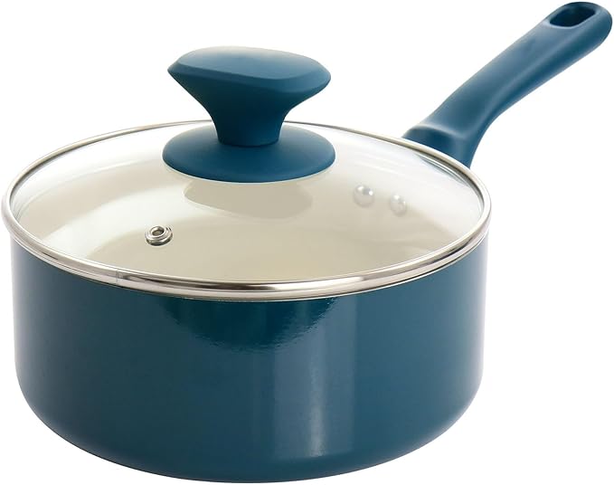 7 Piece Ceramic Nonstick Cookware Set – Healthy Aluminum Pots and Pans with Glass Lids Cool Touch Handles &amp Nylon Utensils – Oven Safe Nonstick Cooking Set for All Stovetops (Teal)
