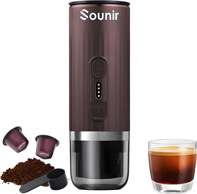 Portable Espresso Machine &amp Coffee Maker for Camping Travel Office - Self-Heating USB-C Charger Compatible NS Capsule &amp Ground Coffee (Coffee Brown)