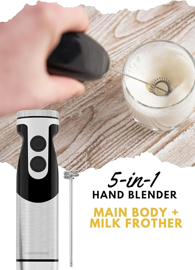 MegaWise Pro Titanium Reinforced 5-in-1 Immersion Hand Blender Powerful Motor with 80% Sharper Blades 12-Speed Corded Blender (Black)