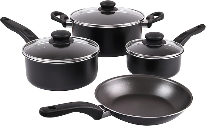 Black 7 Piece Non Stick Aluminum Pots and Pans Set Includes 1QT 2QT Saucepan 4QT Dutch Oven 8 Frying Pan with Lids Dishwasher Safe Cookware for Even Heat Cooking (Black)