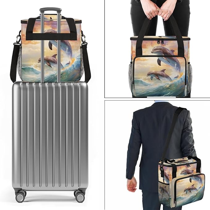 Sunset Dolphin Coffee Maker Carrying Bag Cute Dolphin Travel Storage Bag Compatible with K-Mini or K-Mini Plus Single Serve Coffee Brewer Carrying Case with Multiple Pockets &amp Shoulder Strap