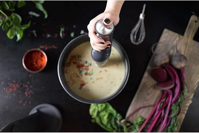 Crux Cordless Hand Immersion Blender 7.5 inch Blending Arm Mix Whip Puree Sauces/Soups Rechargeable Easy to Clean Dishwasher Safe Removeable Parts Stainless Steel/Black 14790