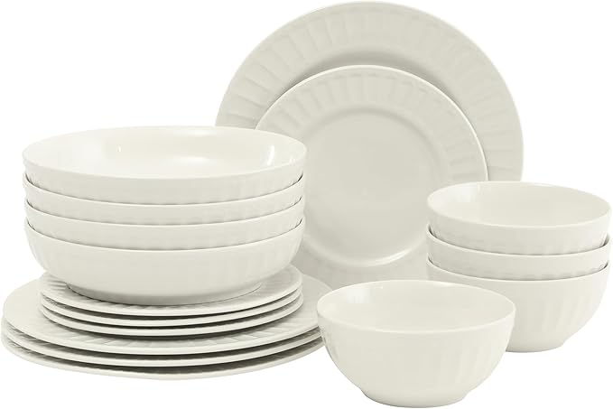 Gibson Home Melbourne White Plates and Bowls Set 16 Piece Embossed Ceramic Dinnerware Set - Service for 4 Dishes - With Pasta Bowl