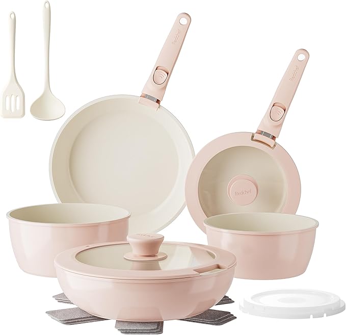 Redchef Pans and Pots Set Nonstick Ceramic Cookware Set with Detachable Handles 16Pcs Induction Dishwasher Oven Safe Kitchen Cooking Set PFAS PFOA &amp PTFE Free Pink