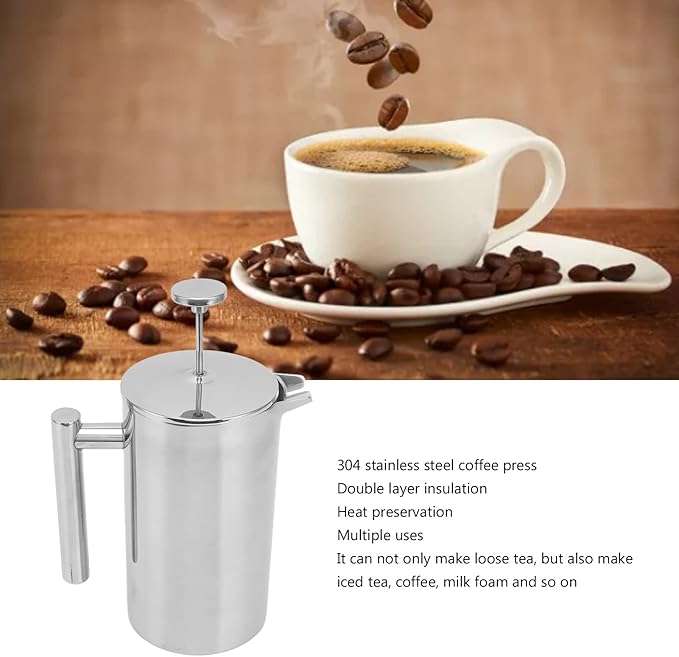 304 Stainless Steel French Press Coffee Maker Double Wall Teapot Hand Brewed Coffee Press with Filter Screen for Camping Outdoor Travel (800ml)