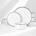 Famiware Porcelain Dinnerware Set 12-Piece Modern Plate and Bowl Set Dish Set for 4 Microwave and Dishwasher Safe Tableware White with Black Trim