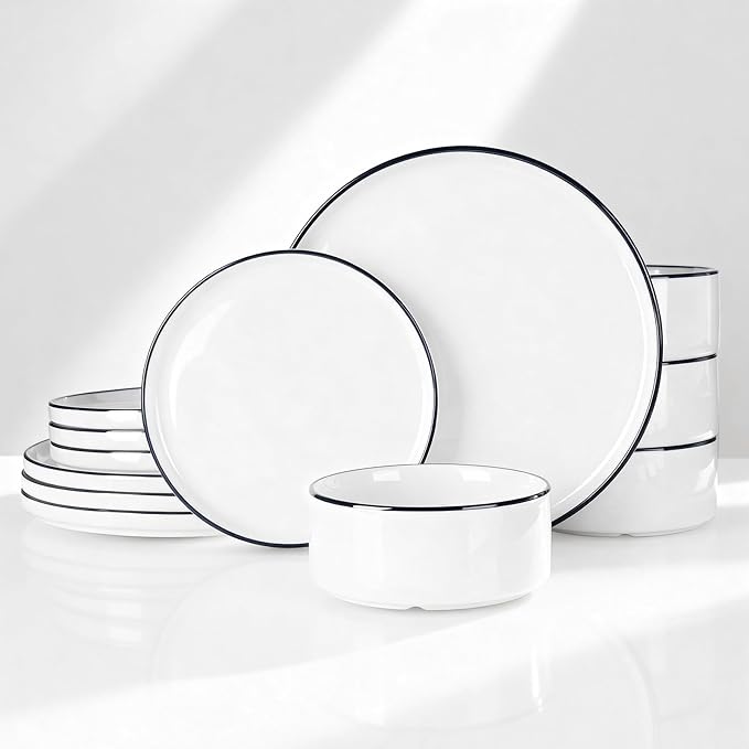 Famiware Porcelain Dinnerware Set 12-Piece Modern Plate and Bowl Set Dish Set for 4 Microwave and Dishwasher Safe Tableware White with Black Trim