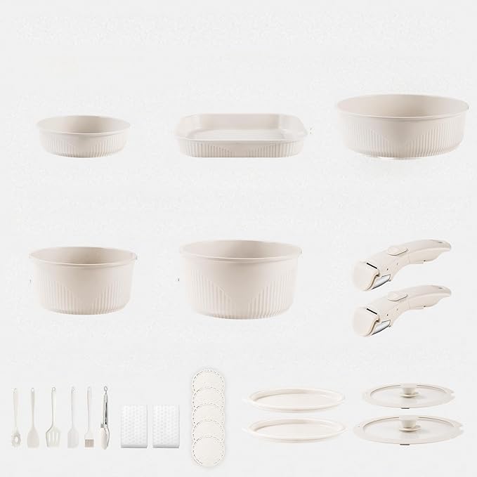 24-Piece Non-Stick Cookware Set with Stackable Storage Kitchen Collection Including 8-10 Inch Skillets Casserole Dish Removable Handle Utensils Silicone Mat Storage Lid (White)