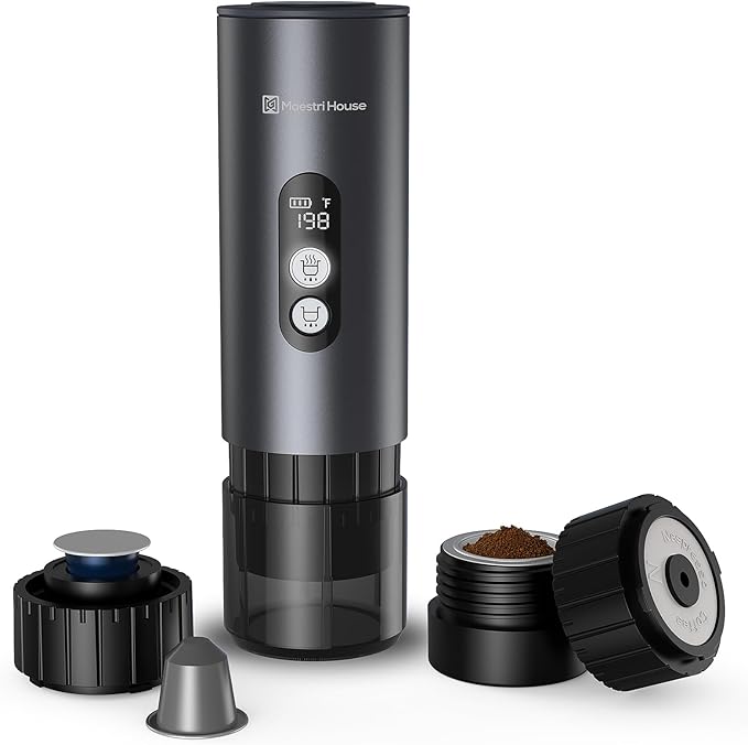 Maestri House 150W Espresso Maker with 2-3 Min Fast Self-Heating Portable Travel Espresso Coffee Machine with Small Tea Cup Also Holder for NS Capsule &amp Ground Coffee for Car Camping RV Hiking