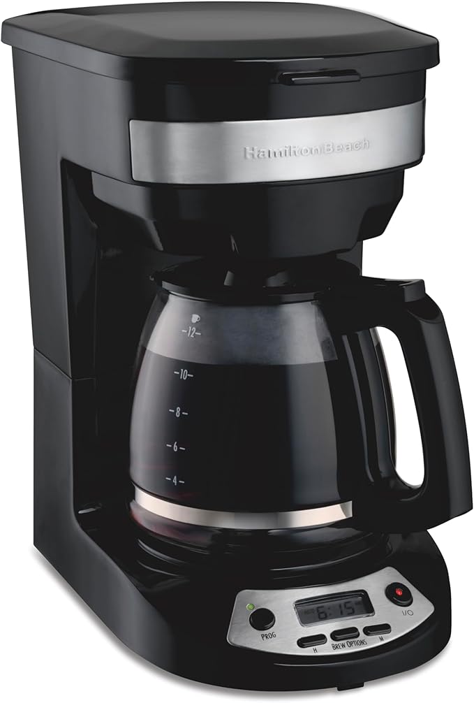Hamilton Beach 12 Cup Programmable Drip Coffee Maker Machine Regular &amp Bold Brew Options Auto Pause and Pour Glass Carafe Black with Stainless Accents (46299J)