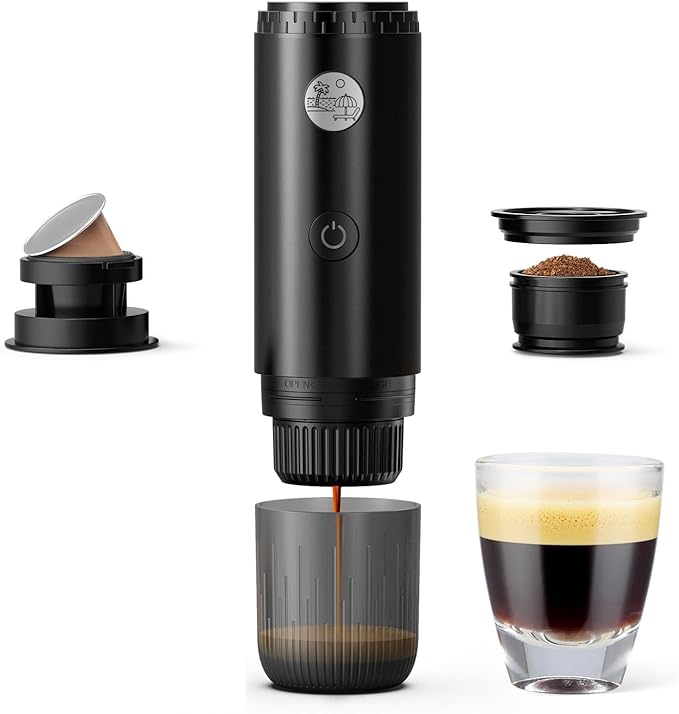 Portable 2-in-1 Coffee Maker Portable 20 Bar Espresso Machine with Automatic Heating Compatible with NS and Ground Coffee for Camping Hiking Travel and Home (Black)