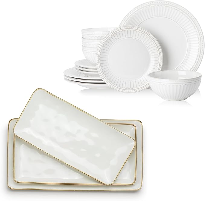 Famiware Plates and Bowls Sets + 3 Pcs Rectangular Serving Platter 15-Piece Dinnerware Sets for 4 White